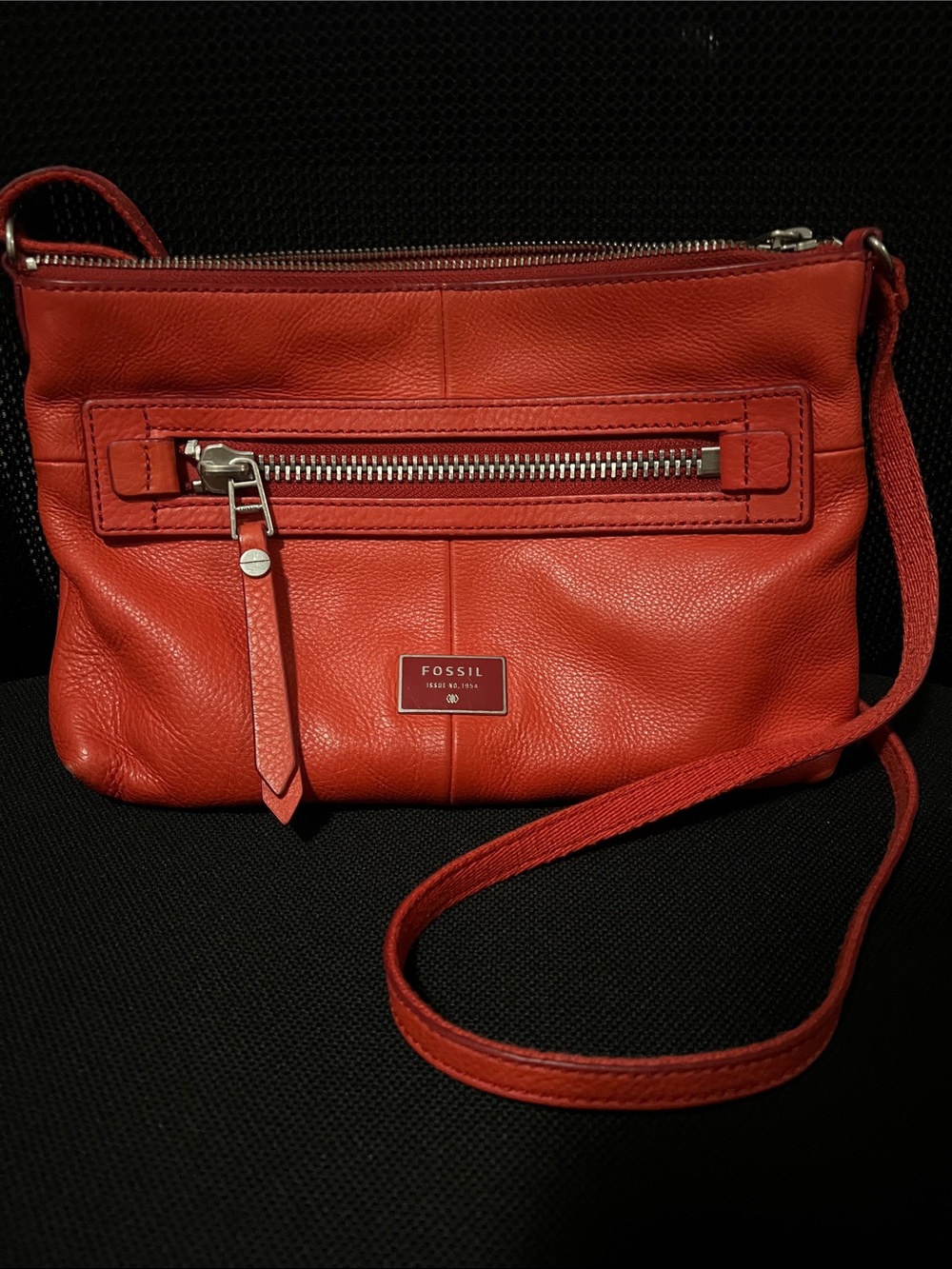 Fossil Orange-Red Pebbled Leather Crossbody Bag